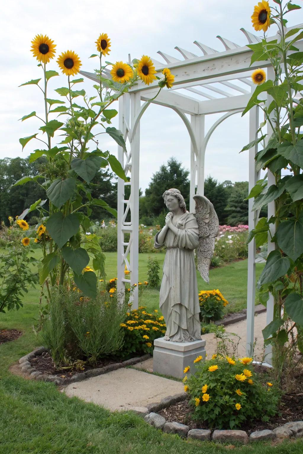 Sunflower-themed garden corner with a figure.
