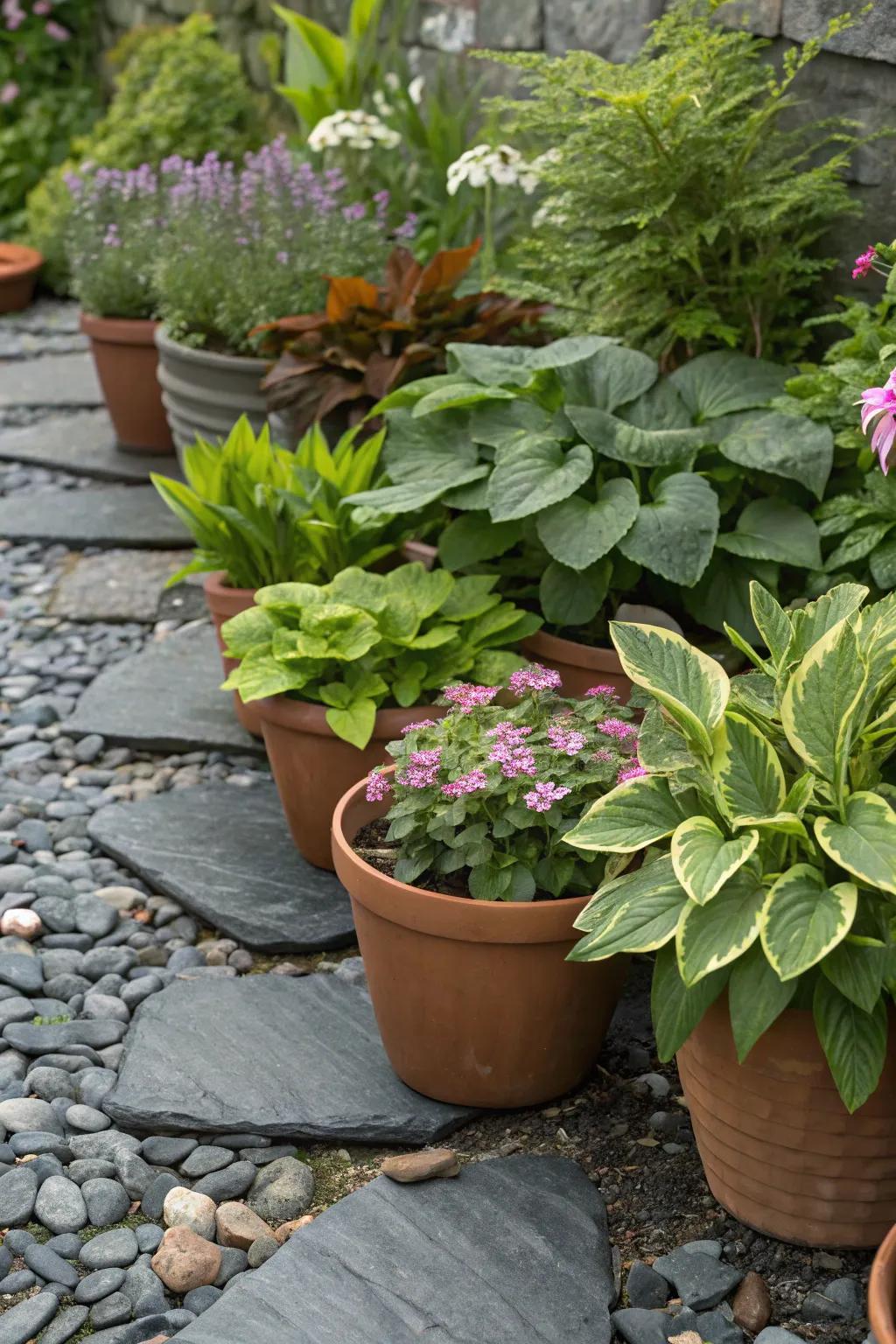 Design a sophisticated planter garden with stone shards as a base.