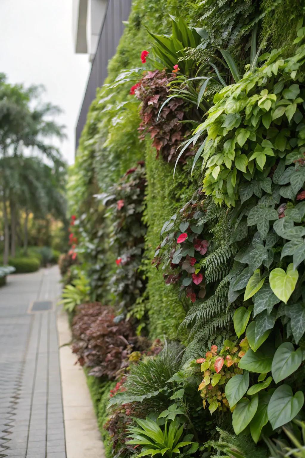 A rich standing garden wall displaying a variety of vibrant plants.