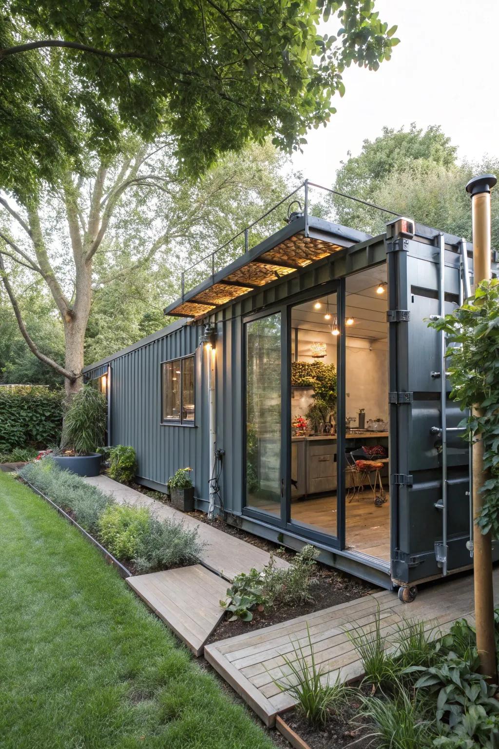 A factory-style garden office in a shipping box, offering toughness and style.