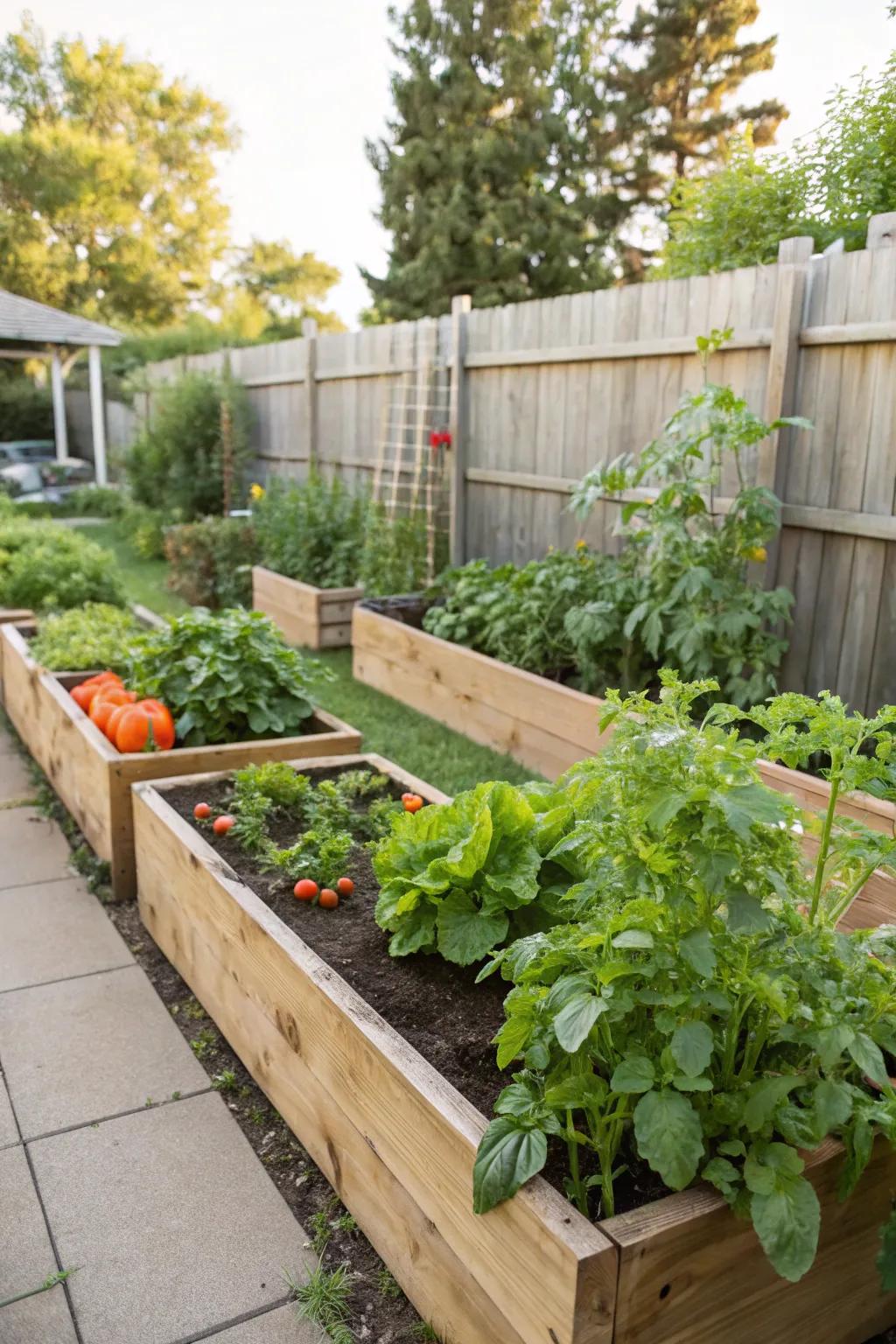 Elevated garden beds filled with healthy vegetables.