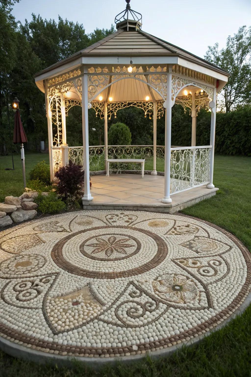 Small stone arrangements transform floors into stunning art pieces with natural charm.