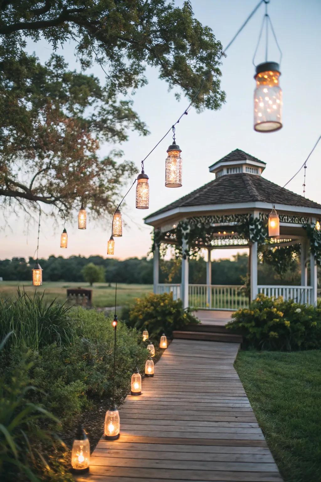Preserving jar lights incorporate a rustic allure into your gazebo.