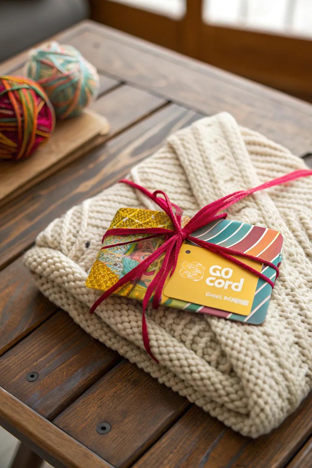Yarn-wrapped gift cards add a cozy, handcrafted element.