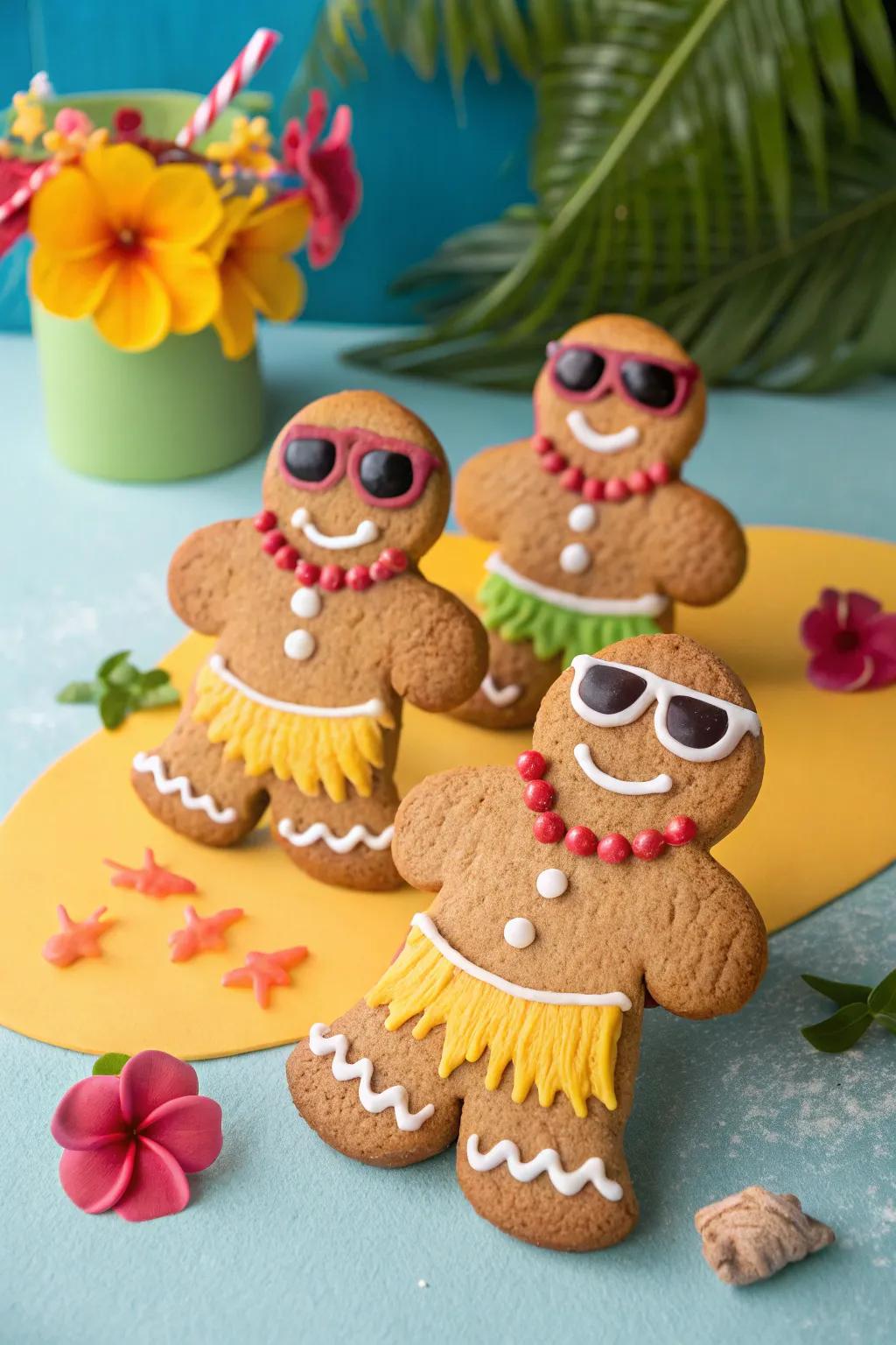 Tropical gingerbread figures ushering sunshine into the holiday merriment.