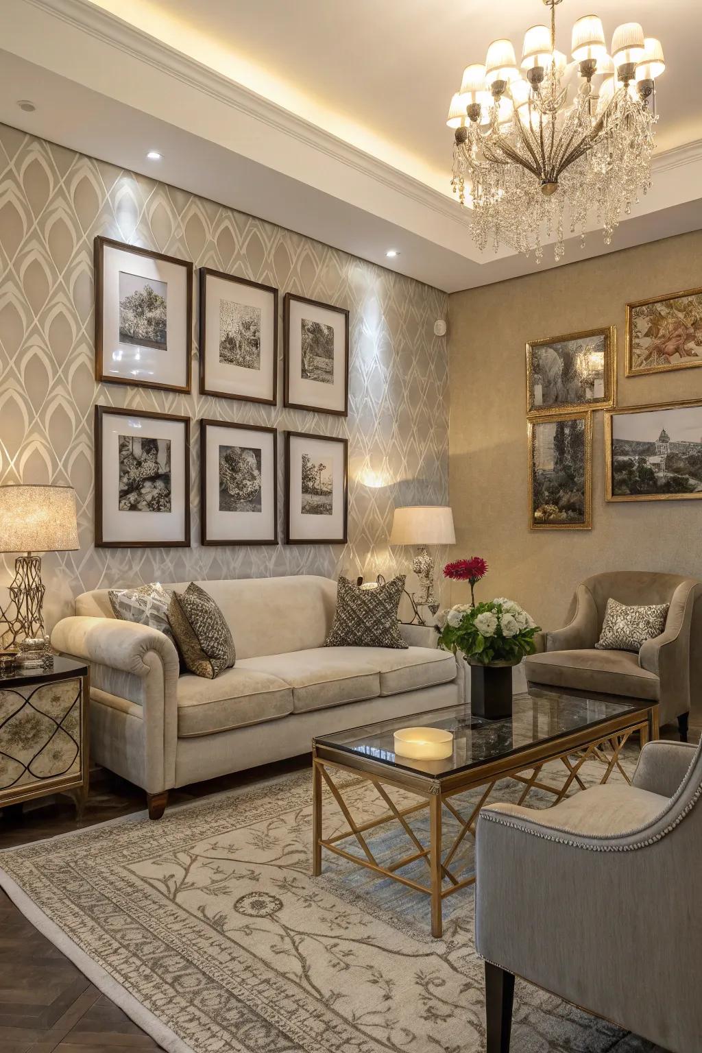 A creative living area featuring a gallery wall with artistic flair.