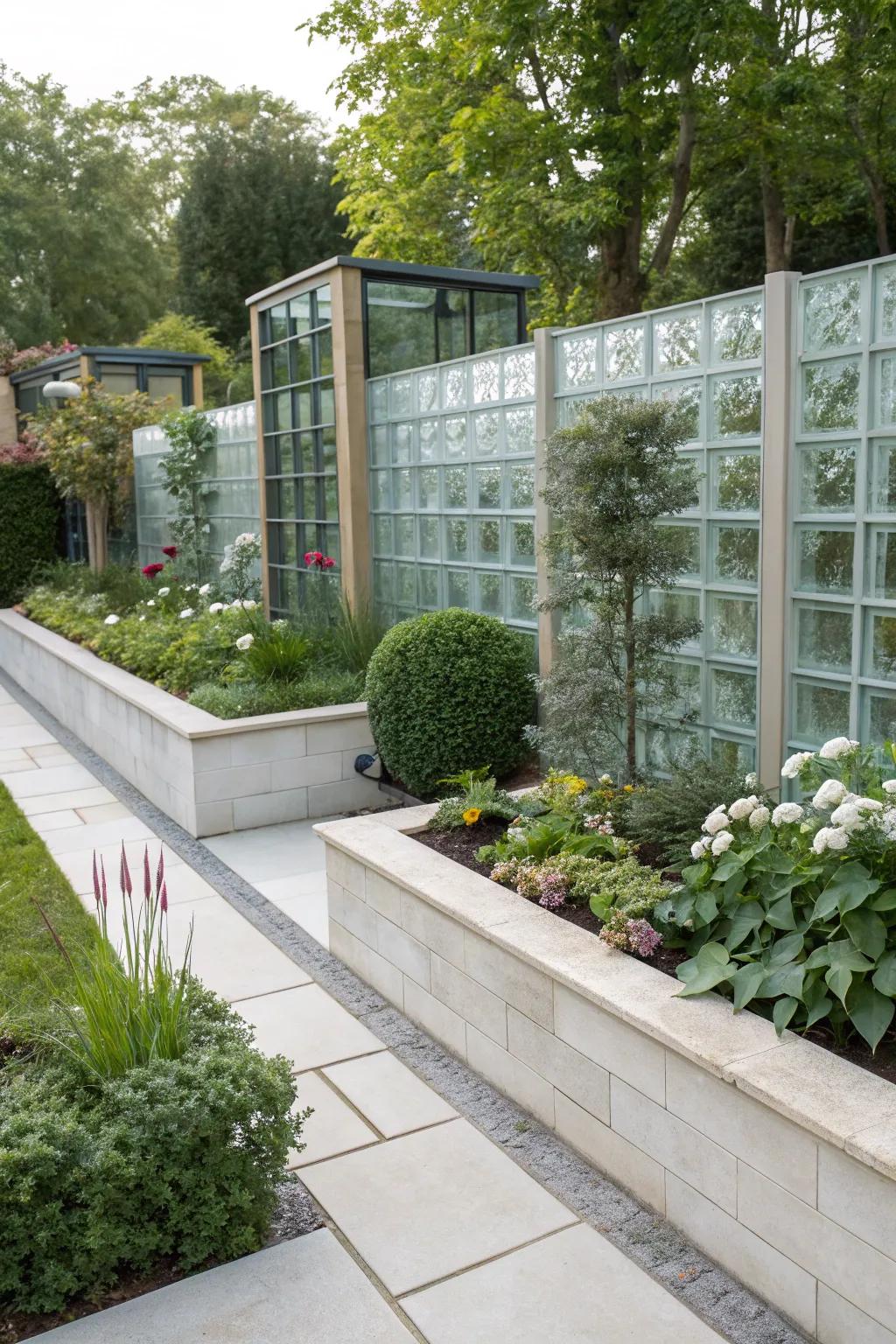 A garden showcasing transparent block borders, adding a modern and light-catching component to the scenery.