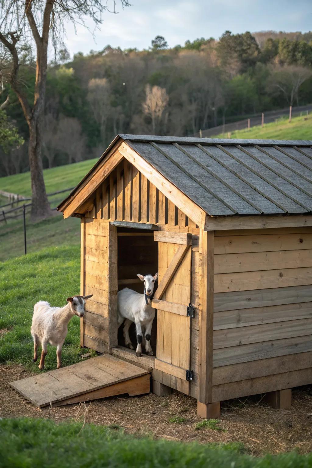A moveable goat shelter offering flexibility and convenience.