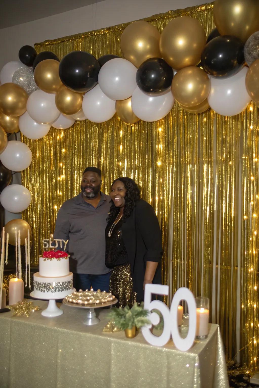 Gold fringe curtains, a dynamic backdrop that brings celebration to life.