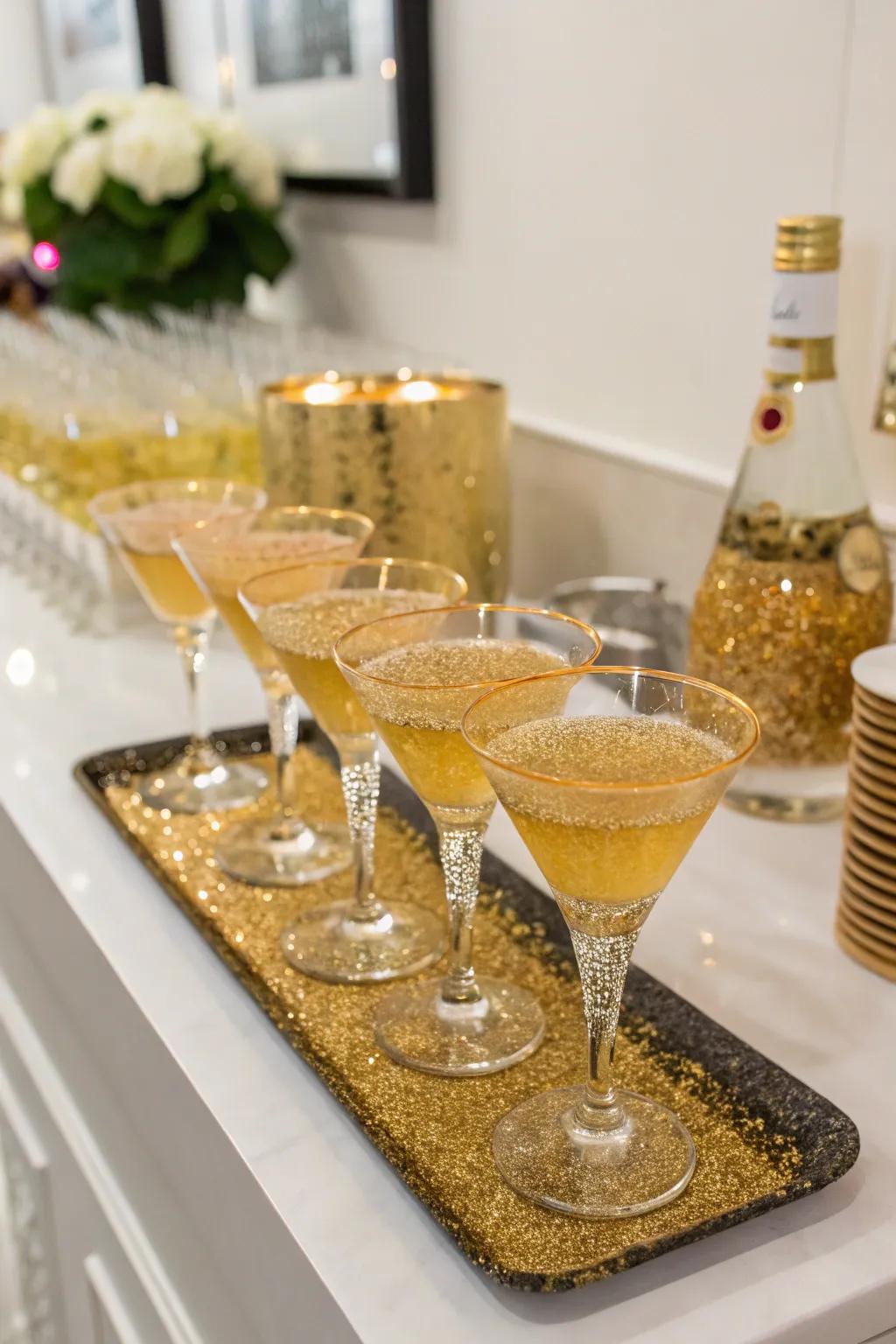 An irresistibly dazzling drink station centered around golden shimmering refreshments.