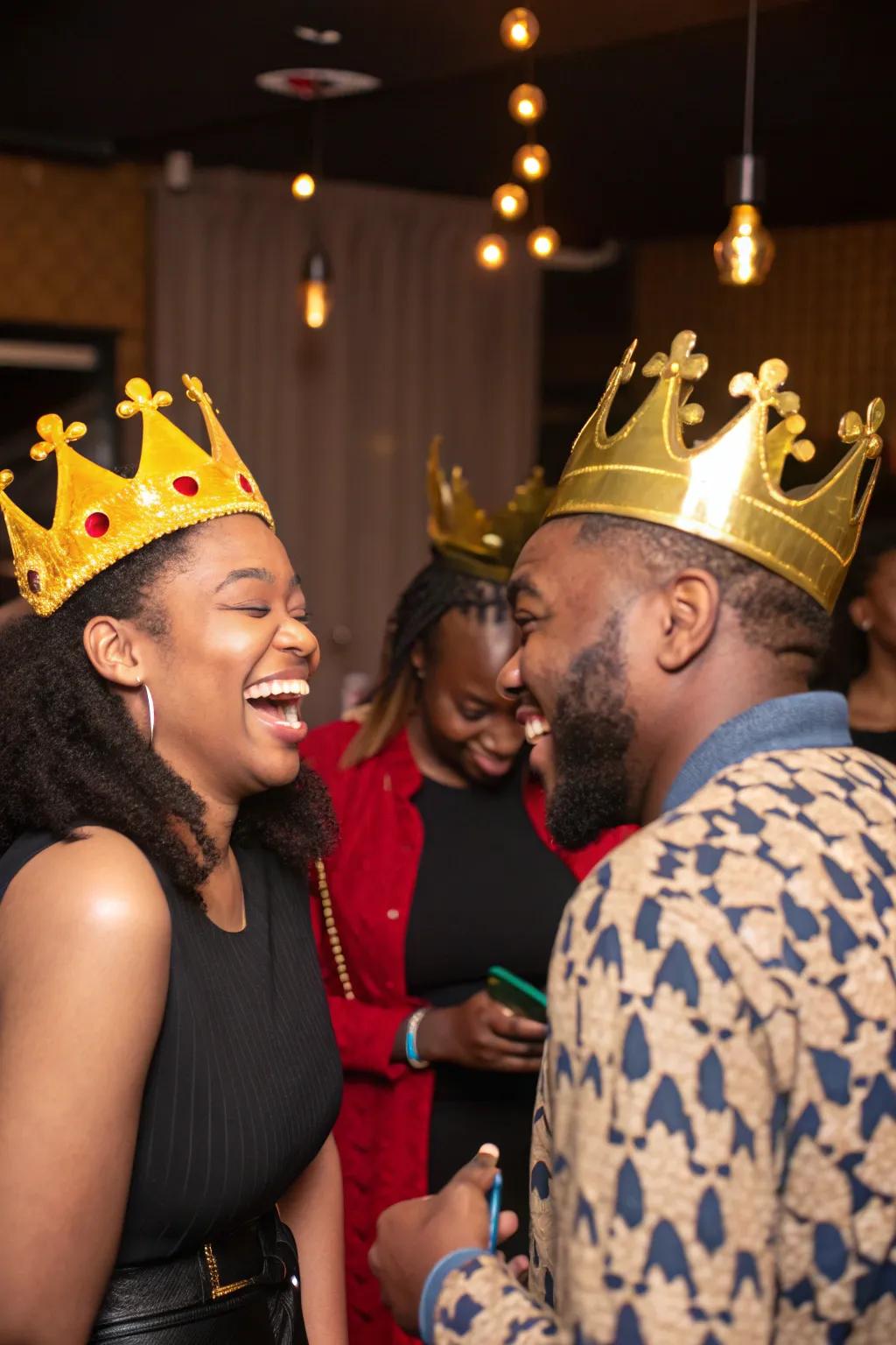Gilded coronet party tokens contributing a royal sentiment.