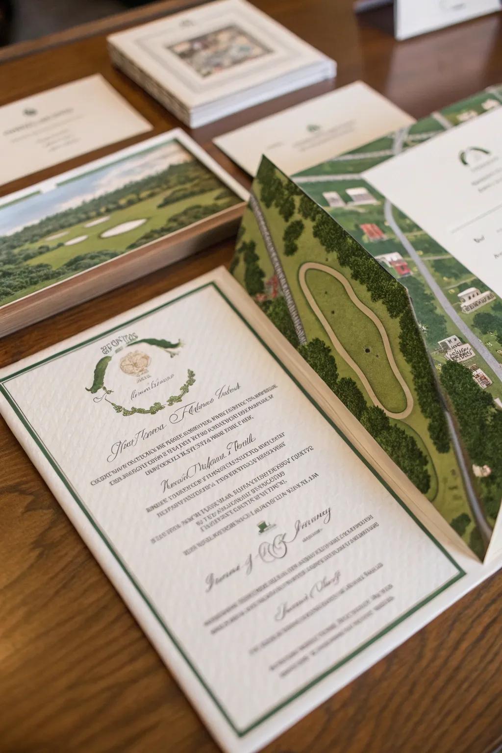 Bespoke golf course blueprint invites present a personal, sophisticated detail.