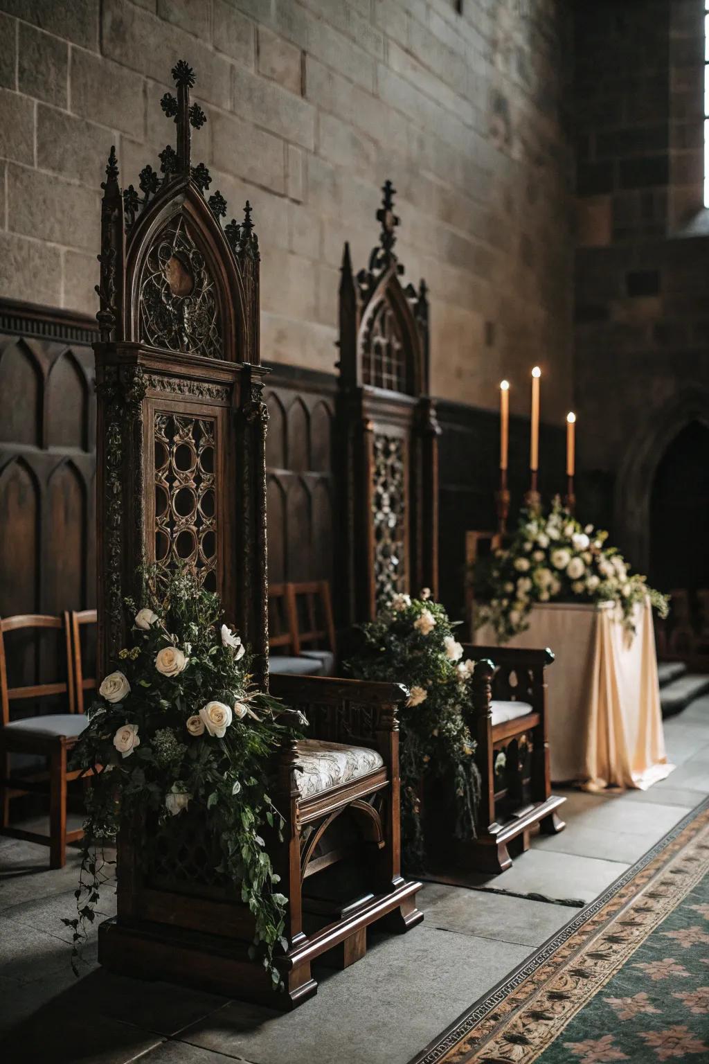 A gothic wedding seating arrangement featuring vintage ornate chairs.