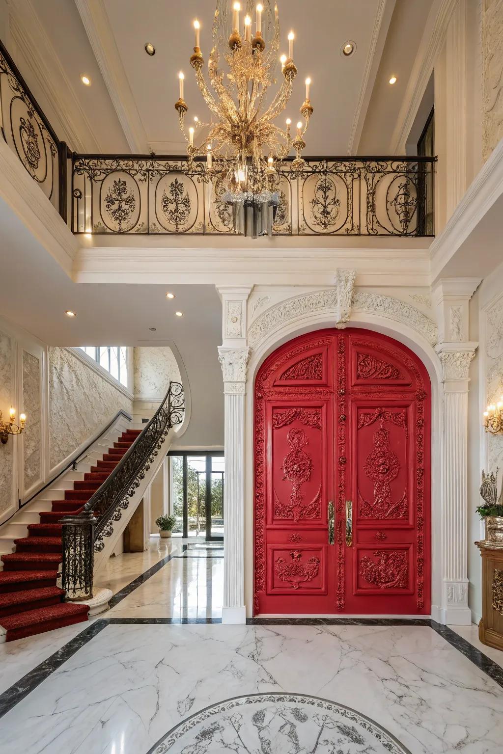 A bold front door makes a powerful initial statement in a grand foyer.