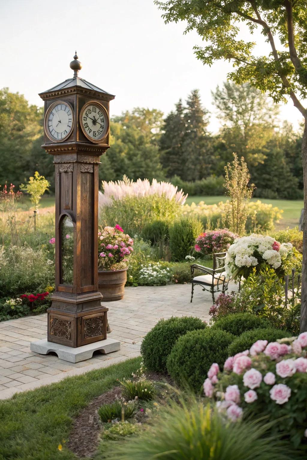 A time-honored timepiece adds whimsy and charm to an outdoor garden area.