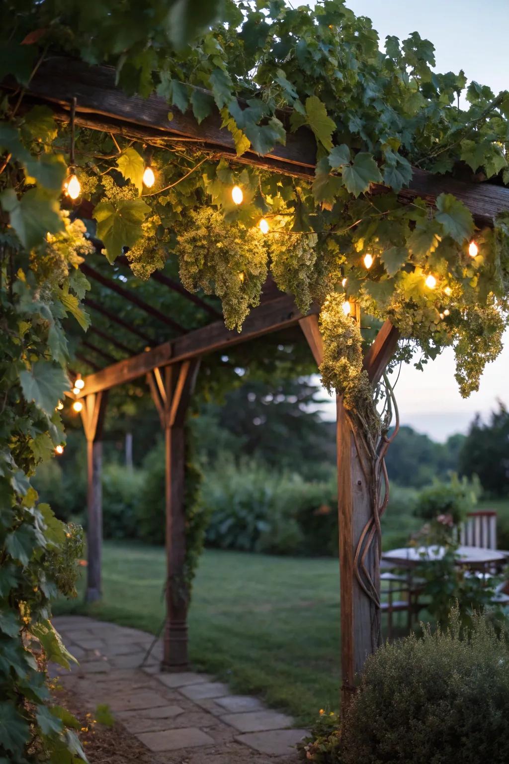 Sun beacons turn a grape shelter into a magical evening escape.