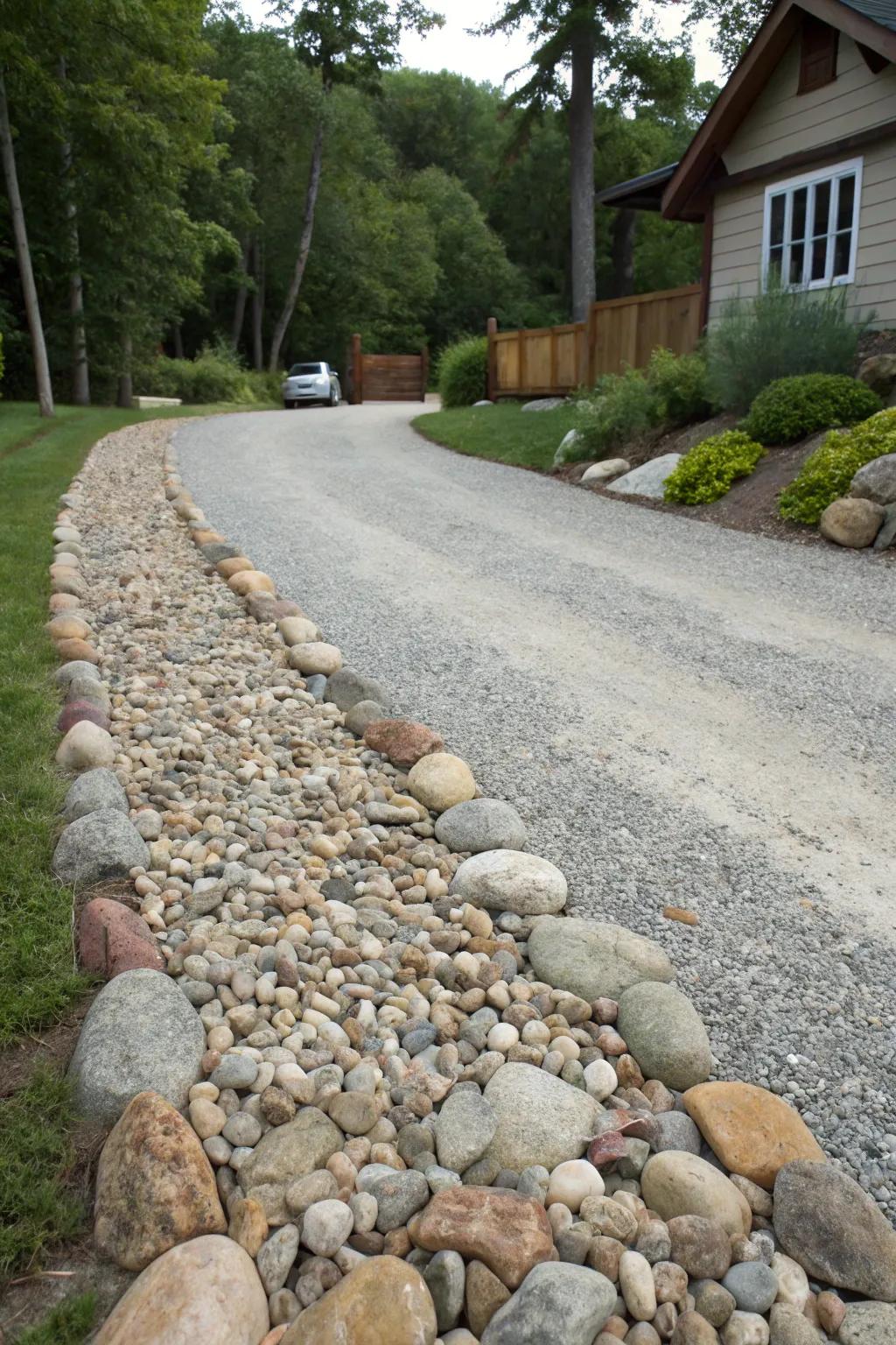 Borders of river rock ensure a fluid and innate shift.