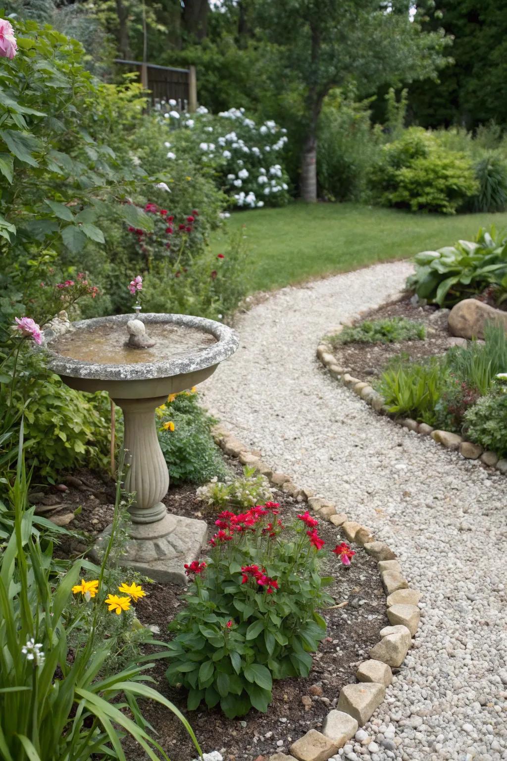 A wildlife-friendly pebble flower bed with a birdbath