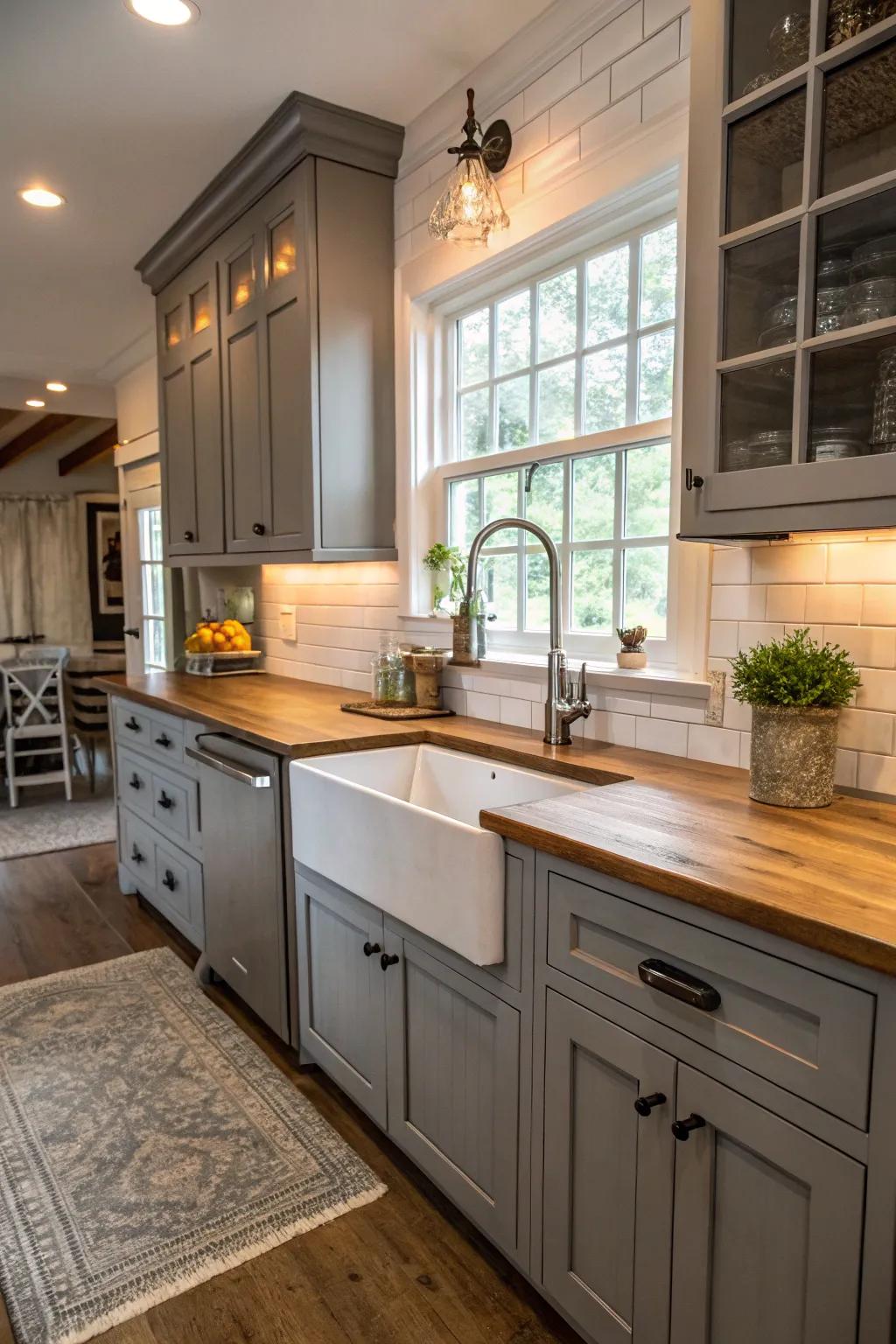 A hallmark farmhouse sink enhances the charm and functionality of gray cabinets.