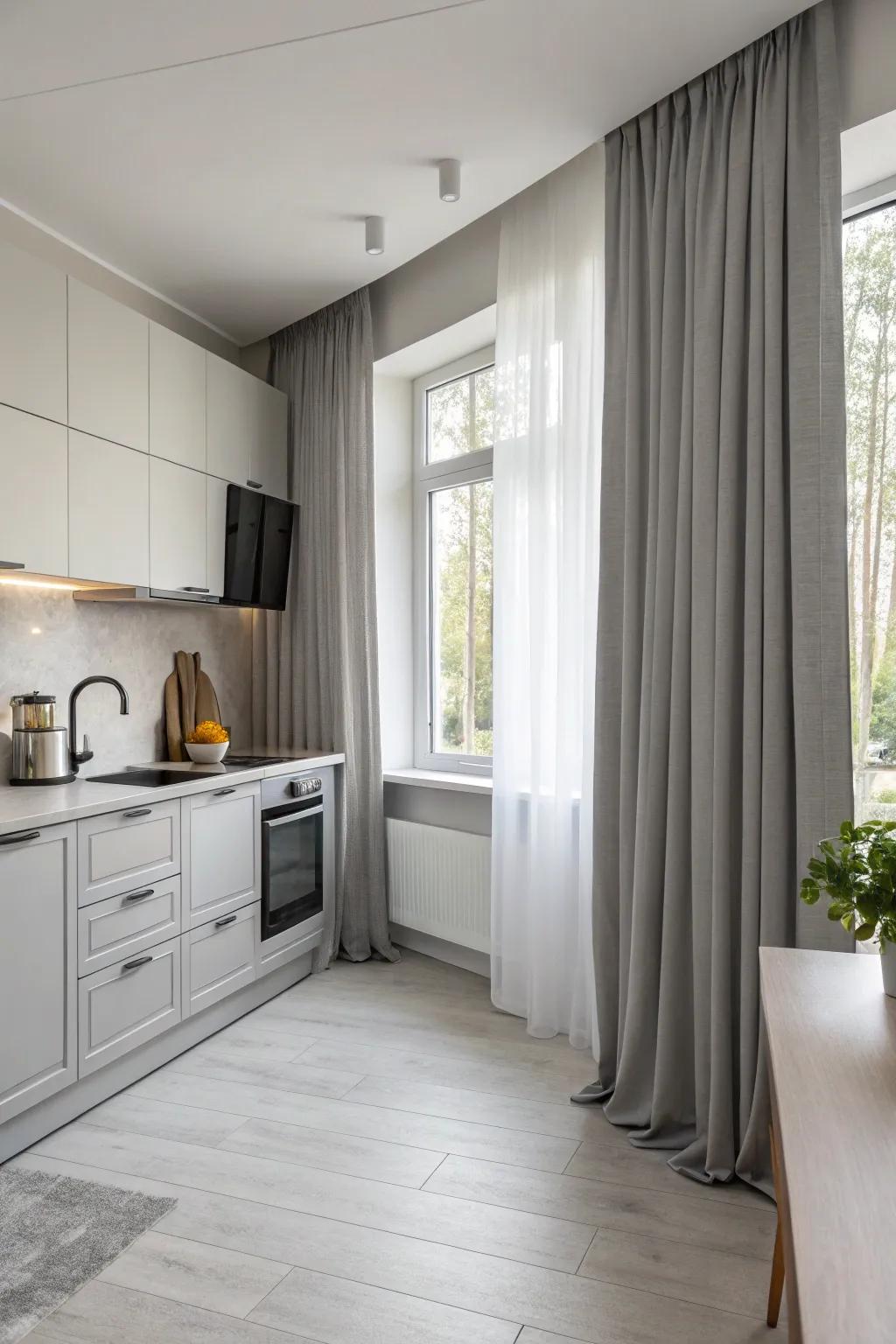 Minimalist ash drapes that blend effortlessly with cooking space decor.