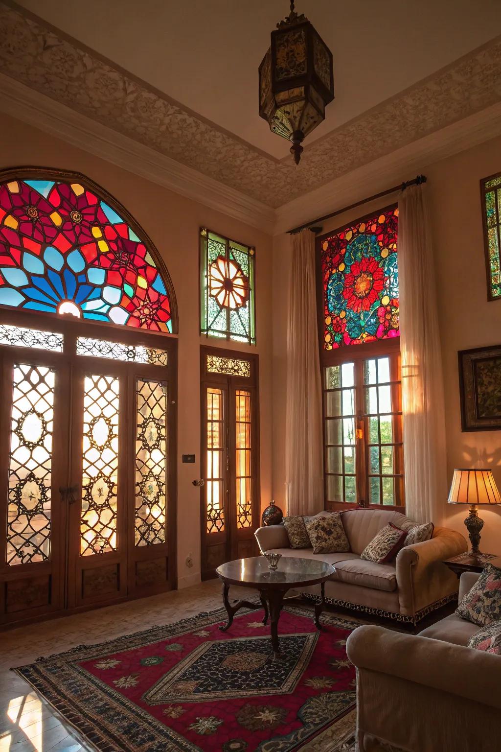Stained glass windows inject a spurt of color and inventive charm into this living space.