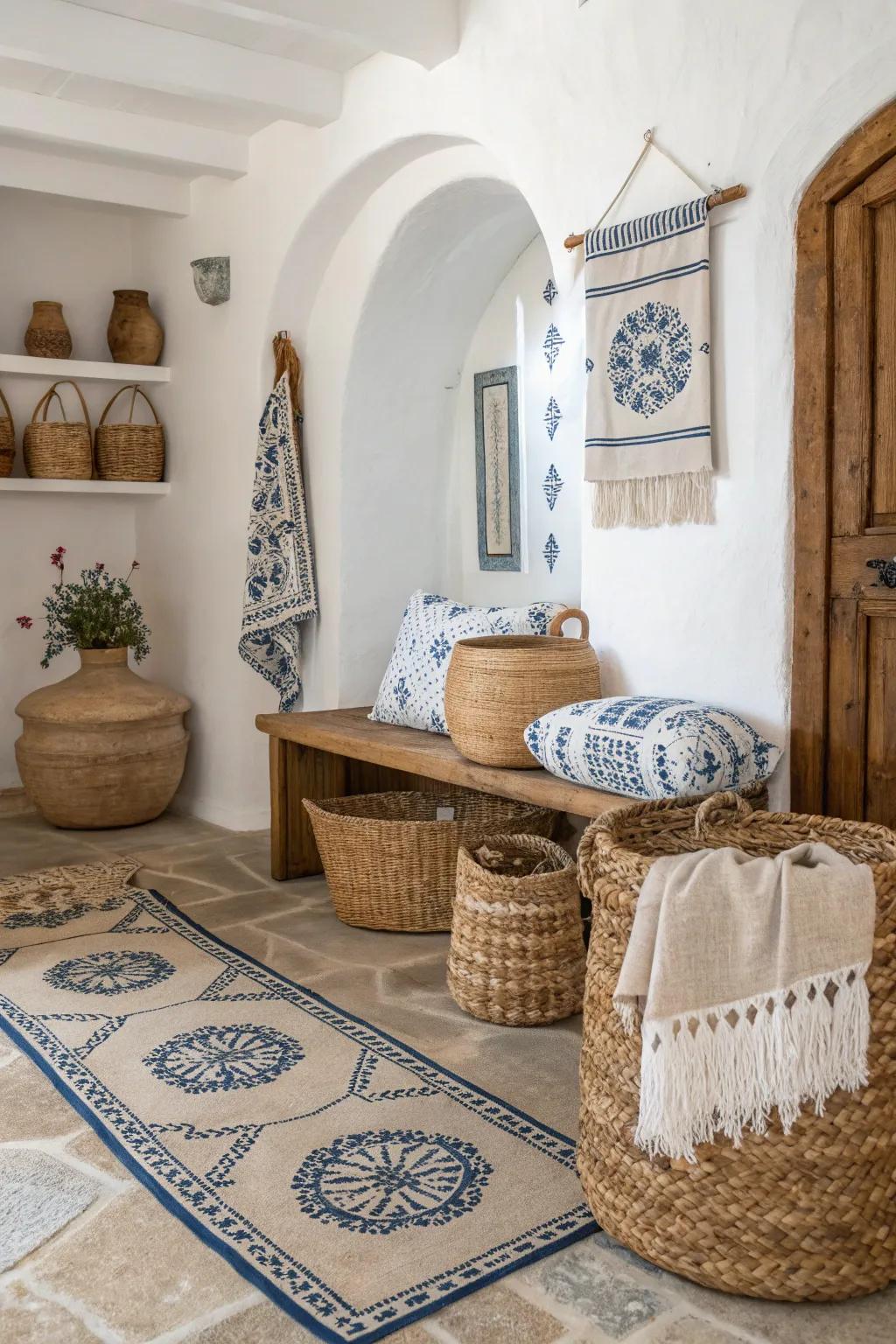 Textural decor highlights lend warmth to Hellenic-inspired interiors.