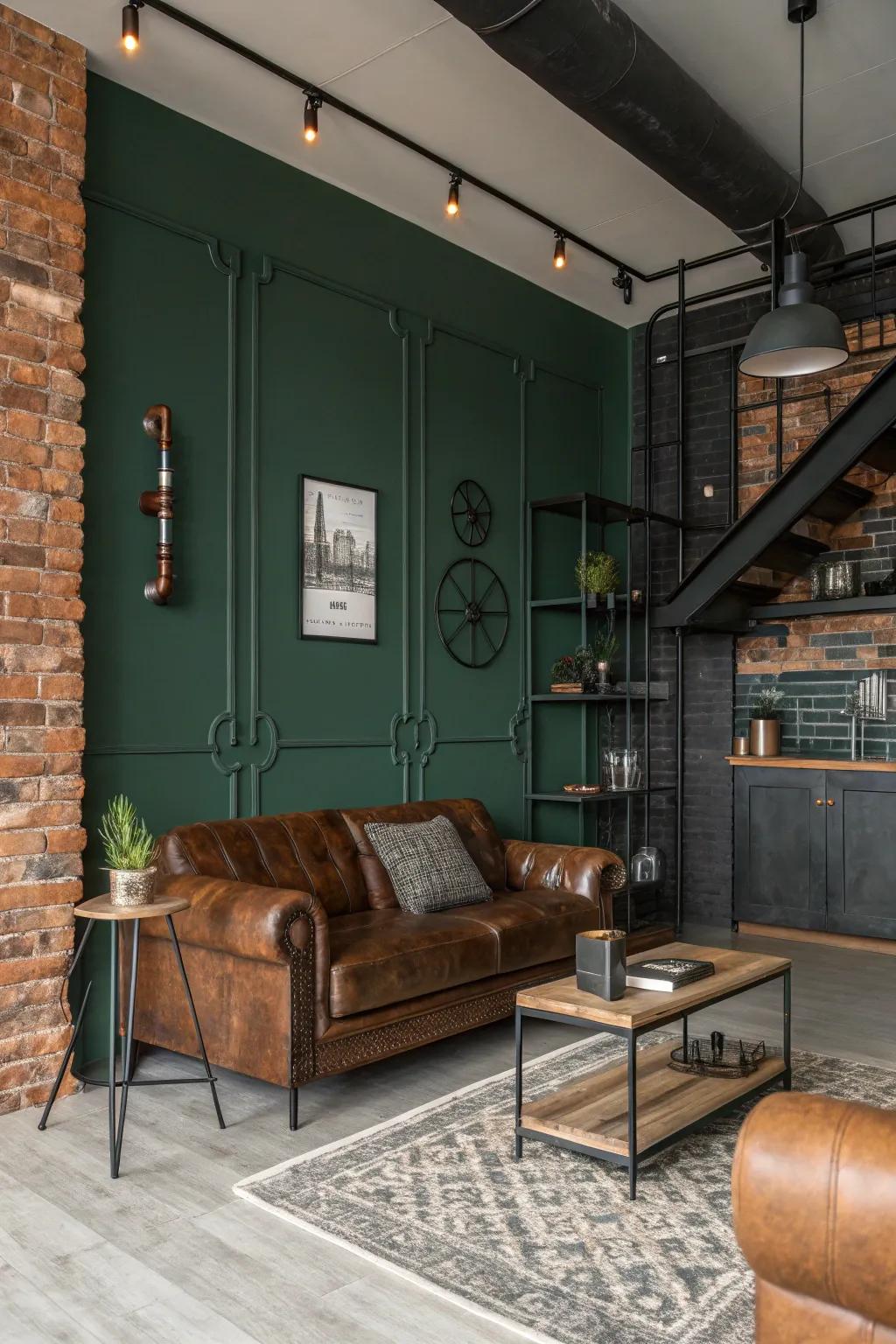 This space channels industrial vibes and cozy warmth with its dark green wall.