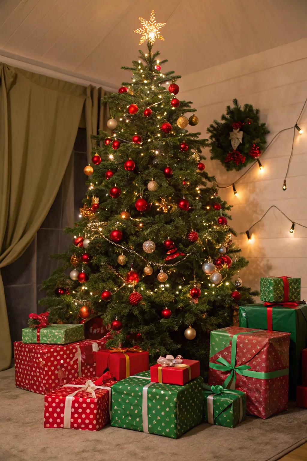 A Christmas tree with impeccably coordinated red and green gifts.