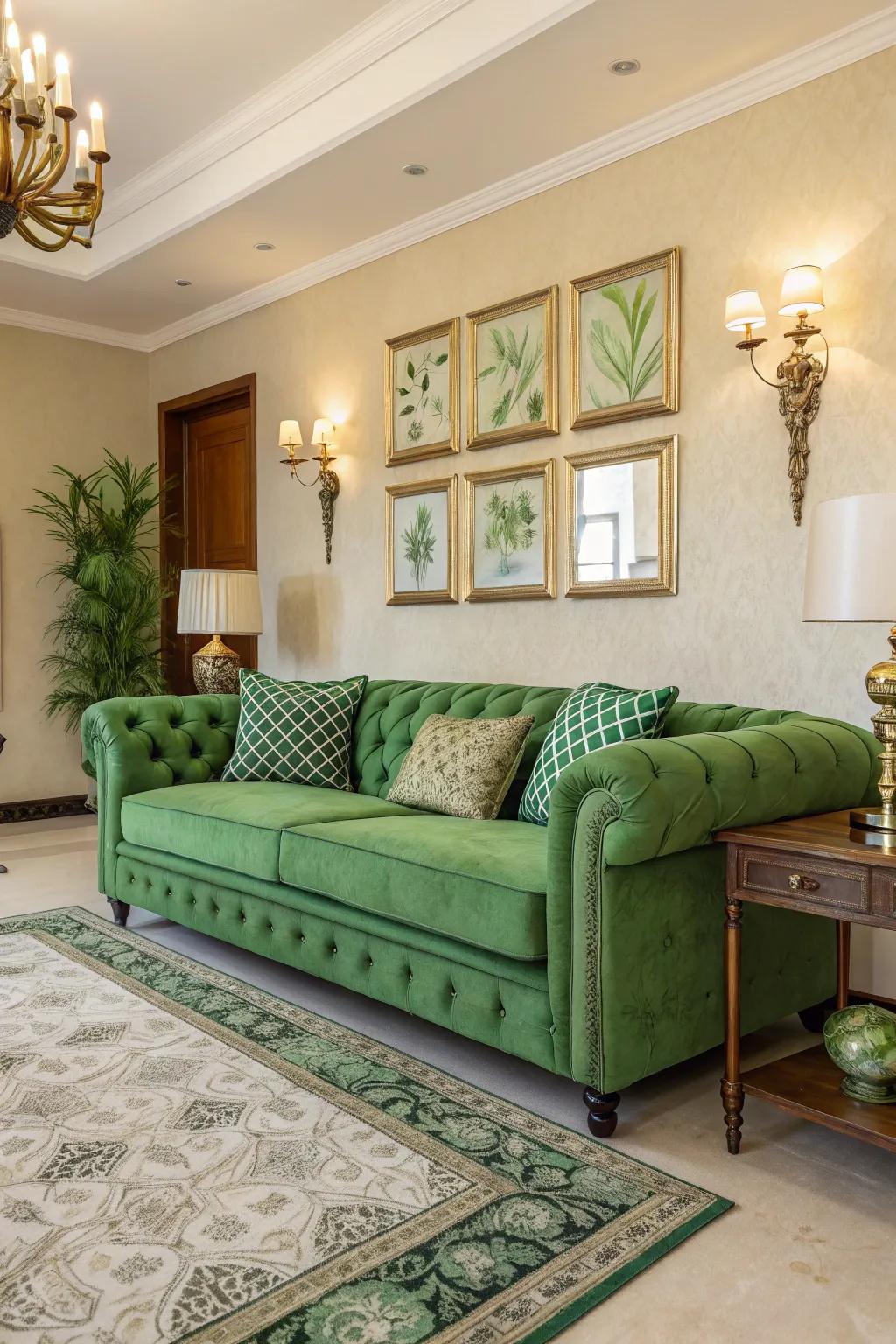 Green upholstery functions as a versatile centerpiece.