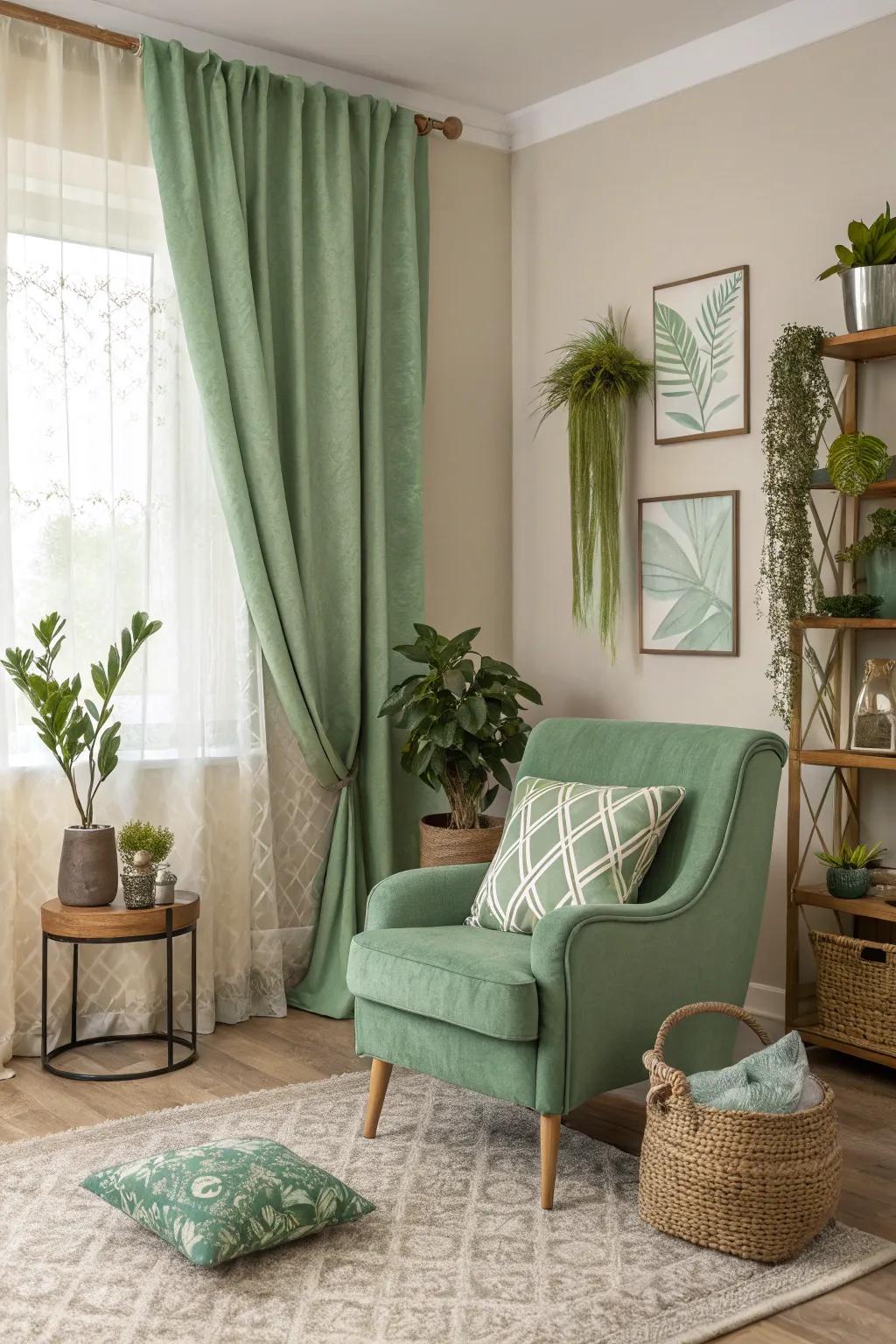 Verdant and neutral tones cultivate a harmonious equilibrium.