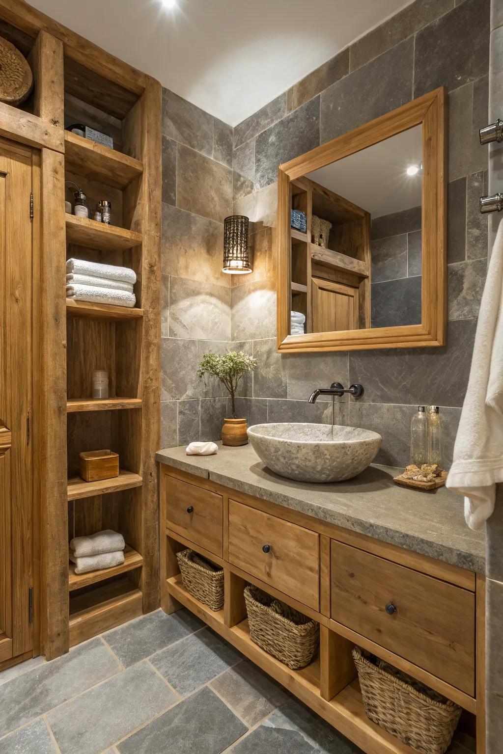 Boulder grey walls introduce a modern rural charm to this naturally inspired bathroom.