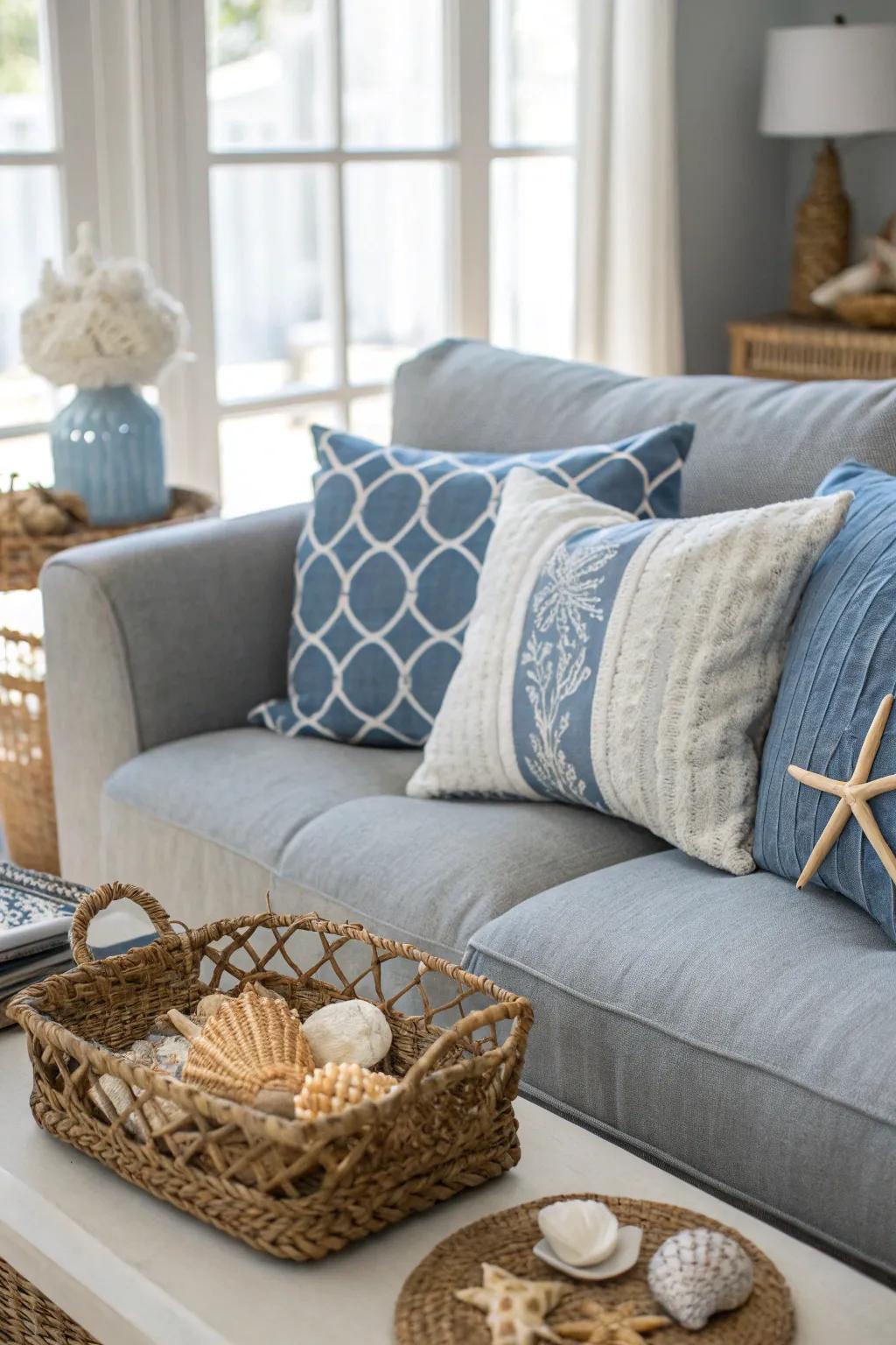 A charcoal sofa styled for a serene seaside atmosphere.