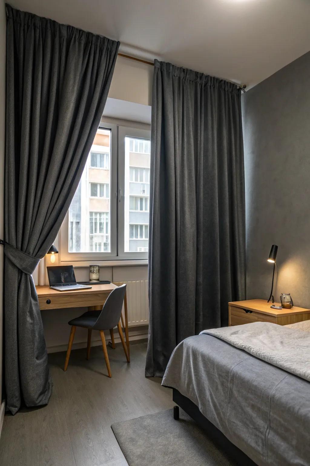 Dark grey window coverings add luxury and practicality.