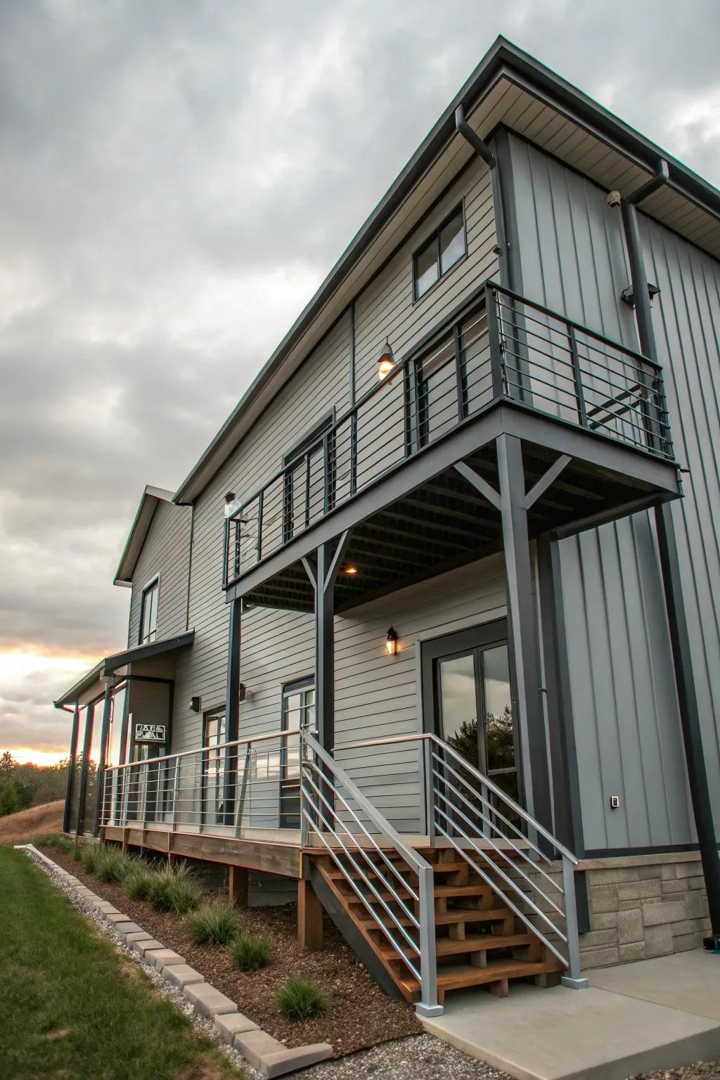 Grey and metal elements create an industrial and modern aesthetic.