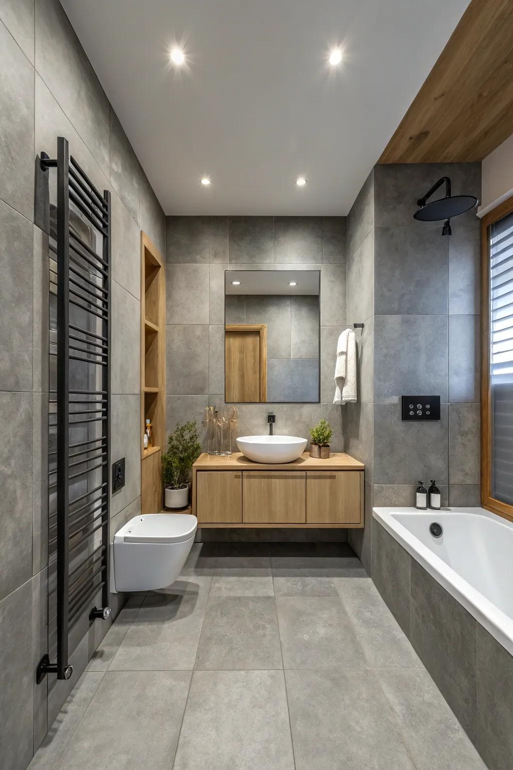 Carrying greyish tiles from wall to floor crafts a consistent and elegant bathing space design.