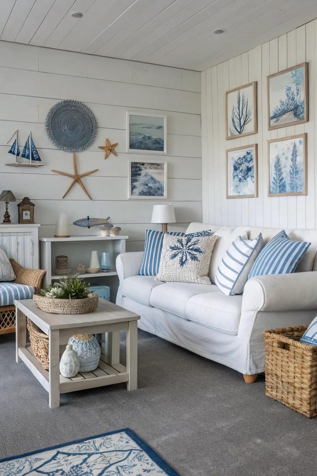 Beach-inspired vibes bring tranquility to grey flooring.