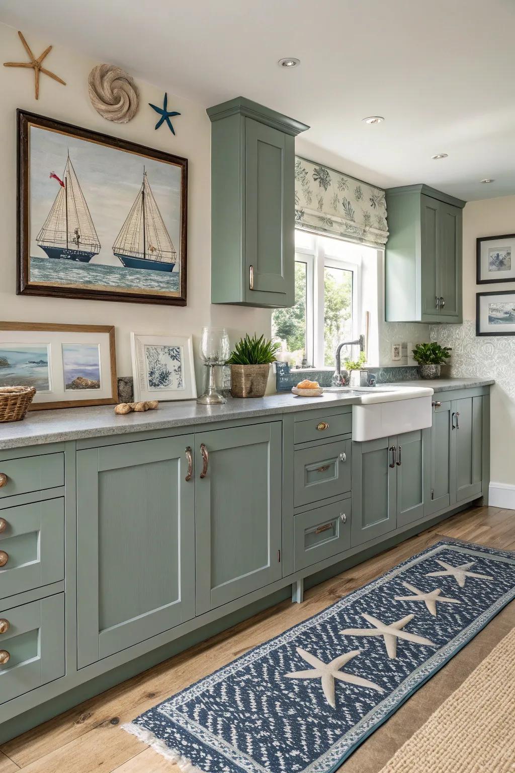 Seaside decorations bring a coastal feeling to greenish-gray cabinets.