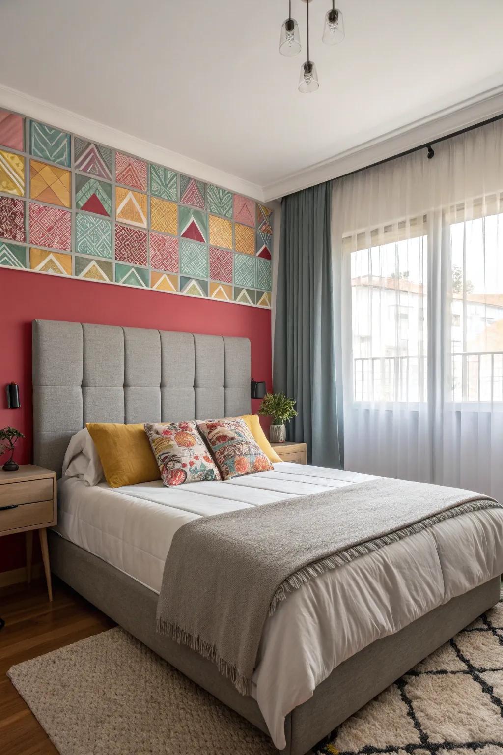 A striking feature wall behind a stone-toned headboard adds depth to the bedroom.