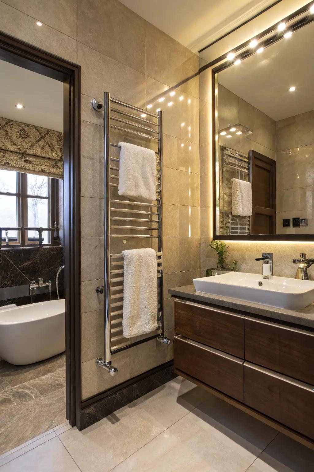 A guest bathroom equipped with a luxurious towel warmer for added comfort.