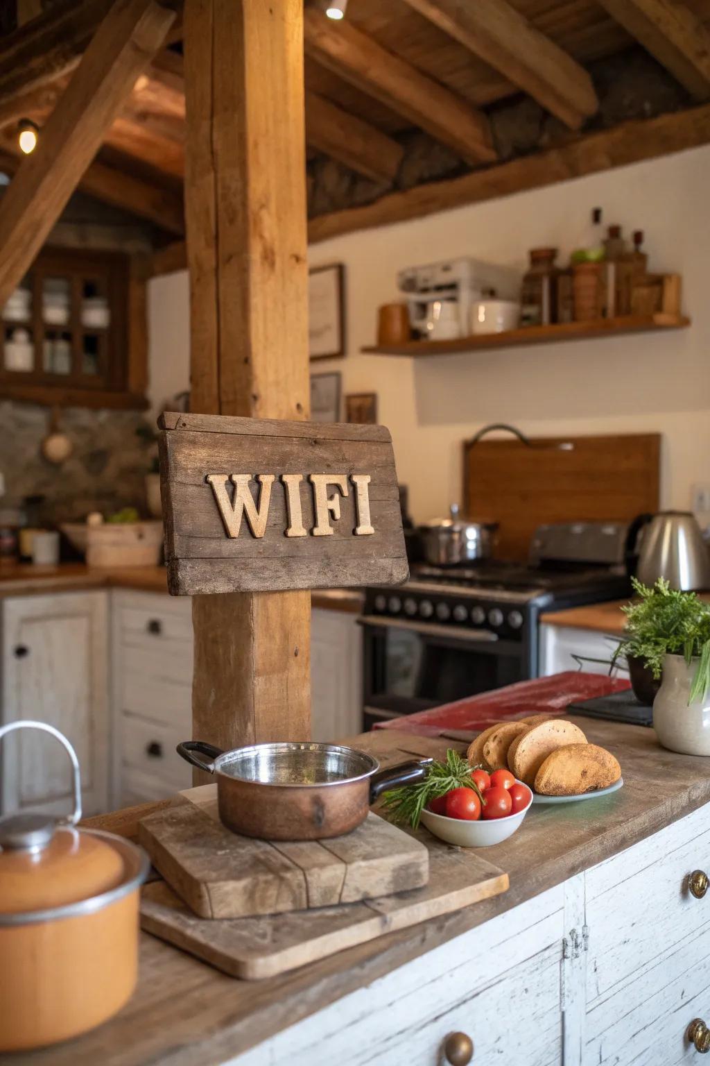 A rustic wooden sign lending a farmhouse charm to the kitchen's decor.