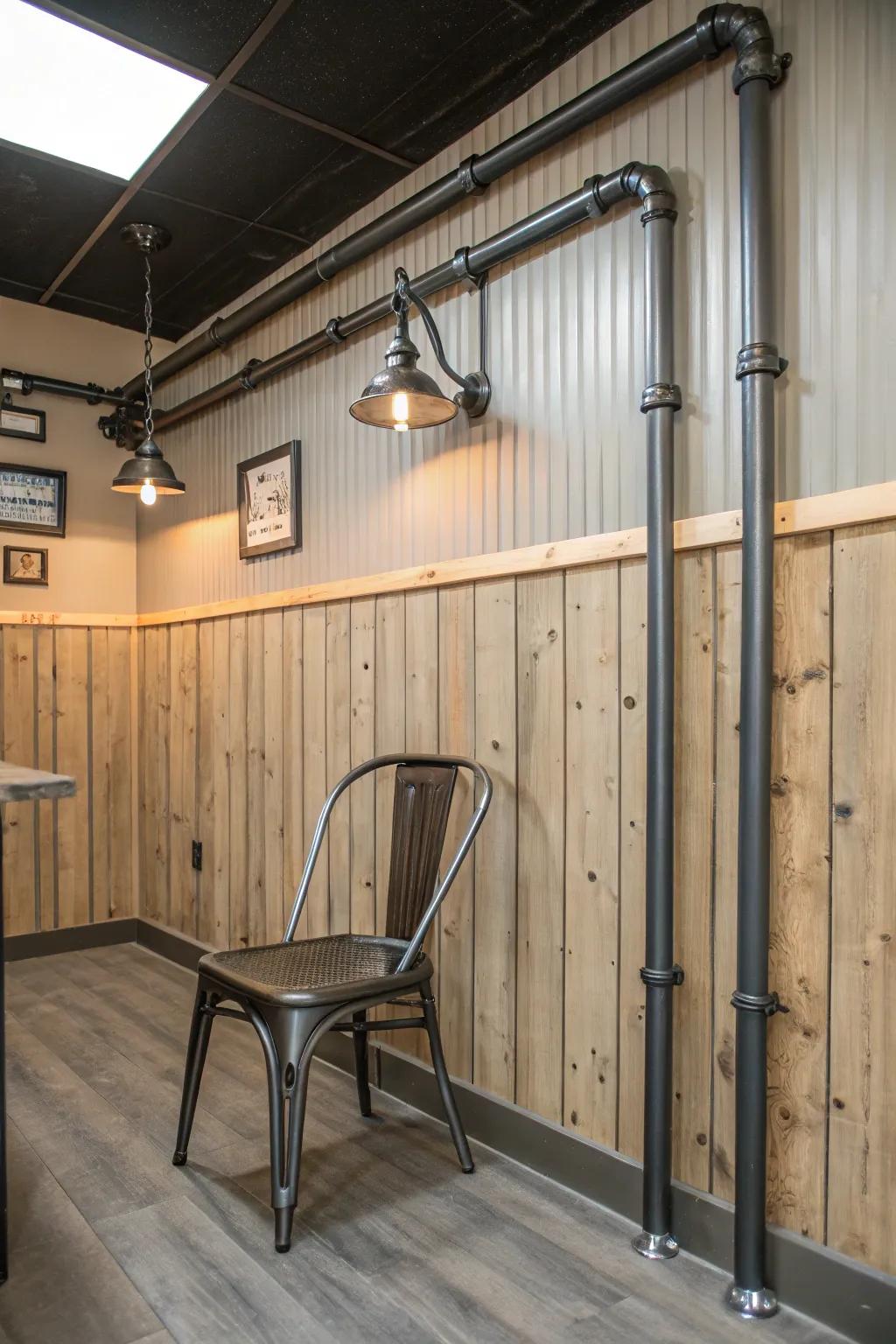 Paneling and metal create an industrial chic vibe.