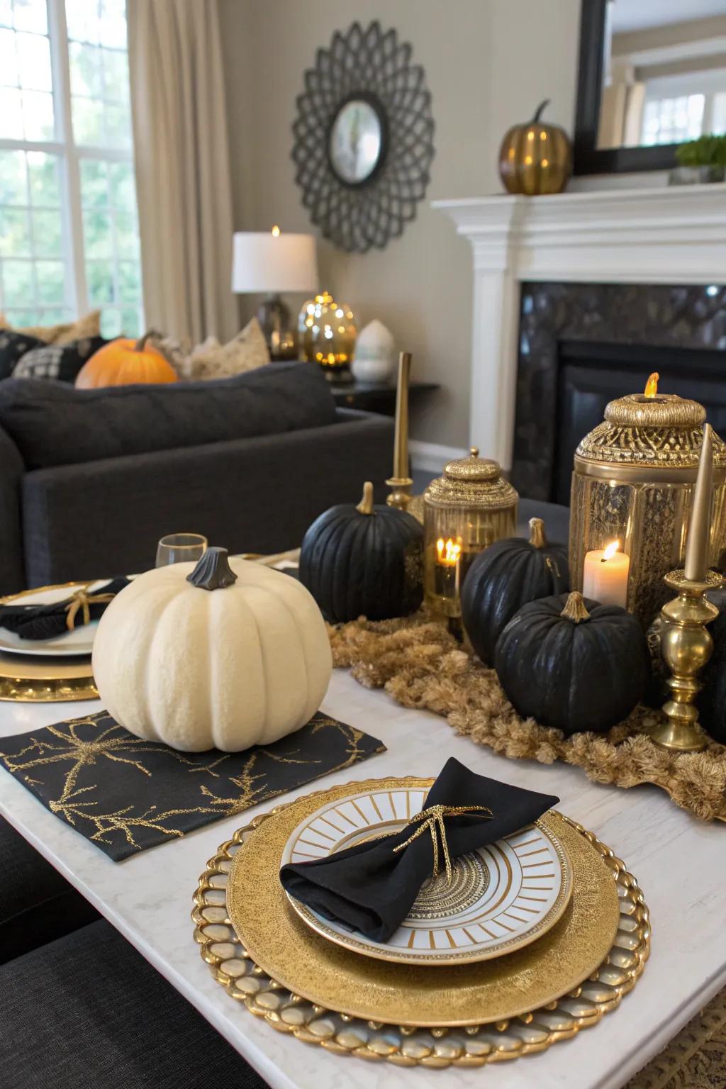 A black and gold story offers a stylish interpretation of All Hallows' Eve adornment.