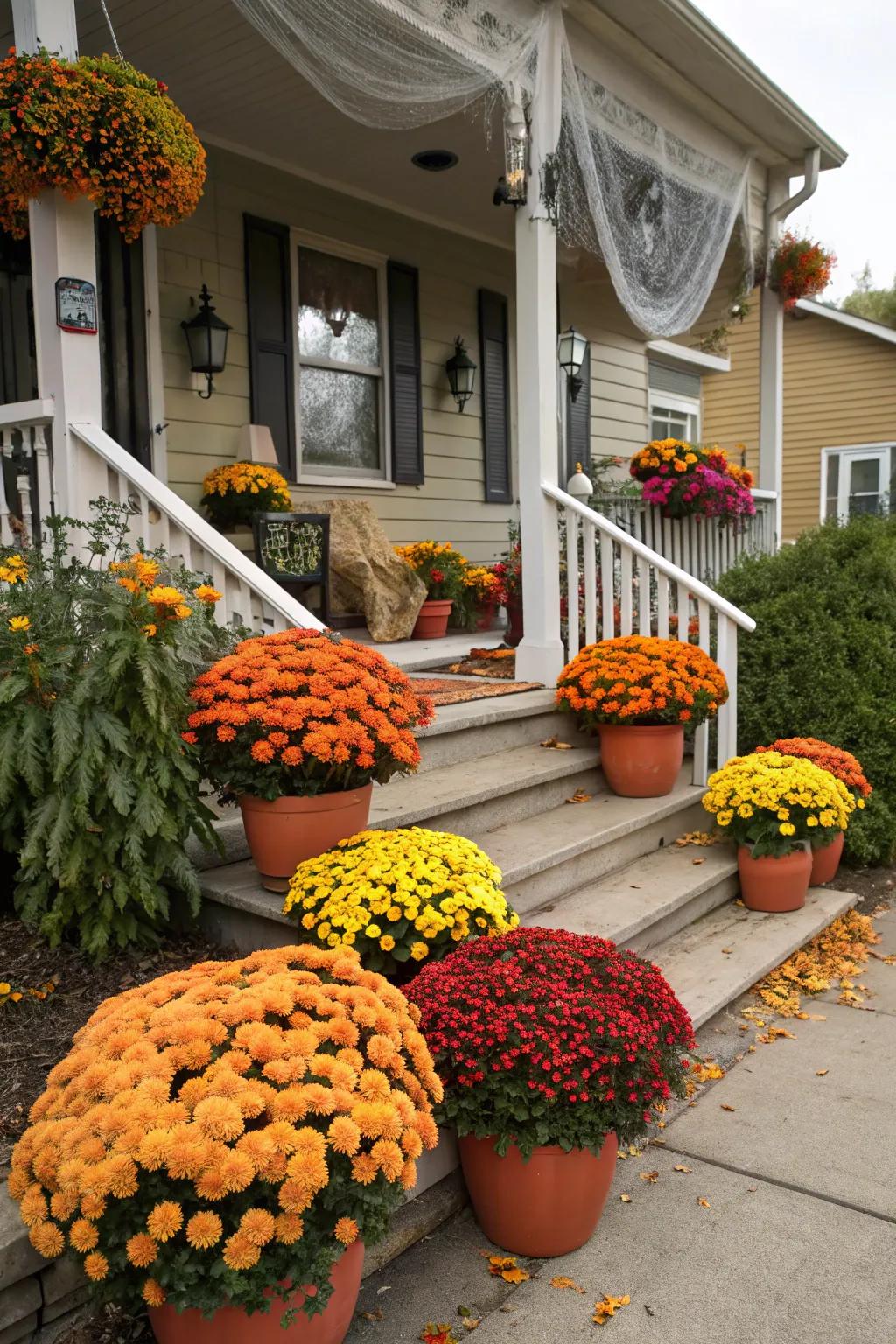 Magical mums add vibrant color to this Halloween entrance.