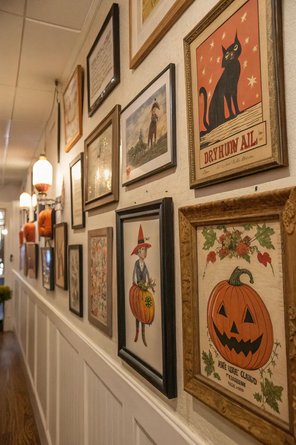 Vintage imprints furnish a nostalgic nuance to Halloween decor.