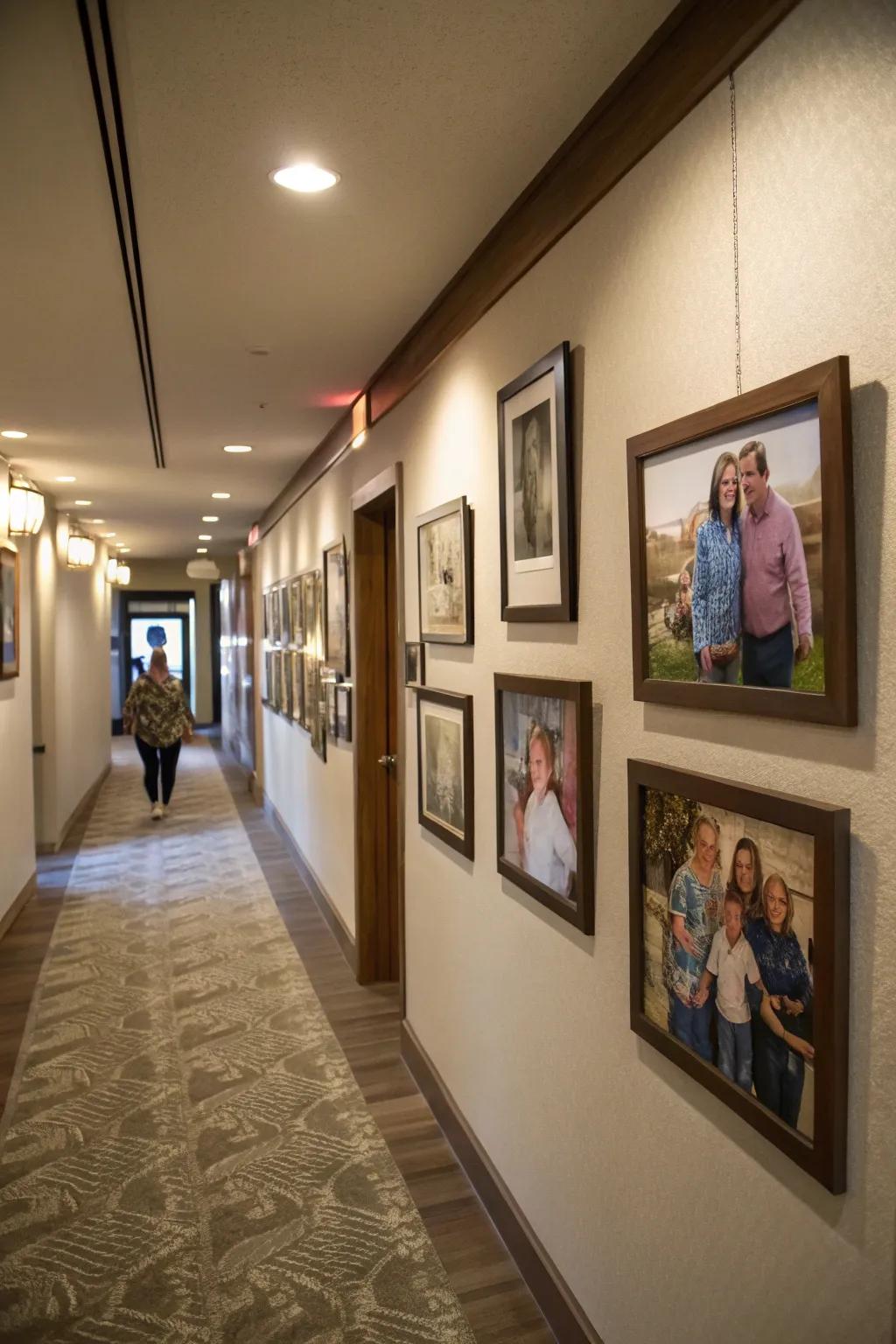 Inventive displays of family portraits impart a personal touch to hallways.