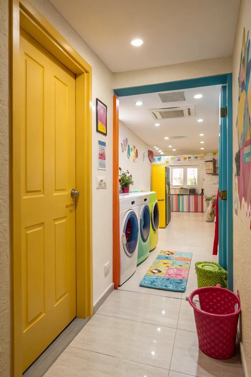 A vividly colored door adds a vibrant and playful touch to a hallway laundry space.