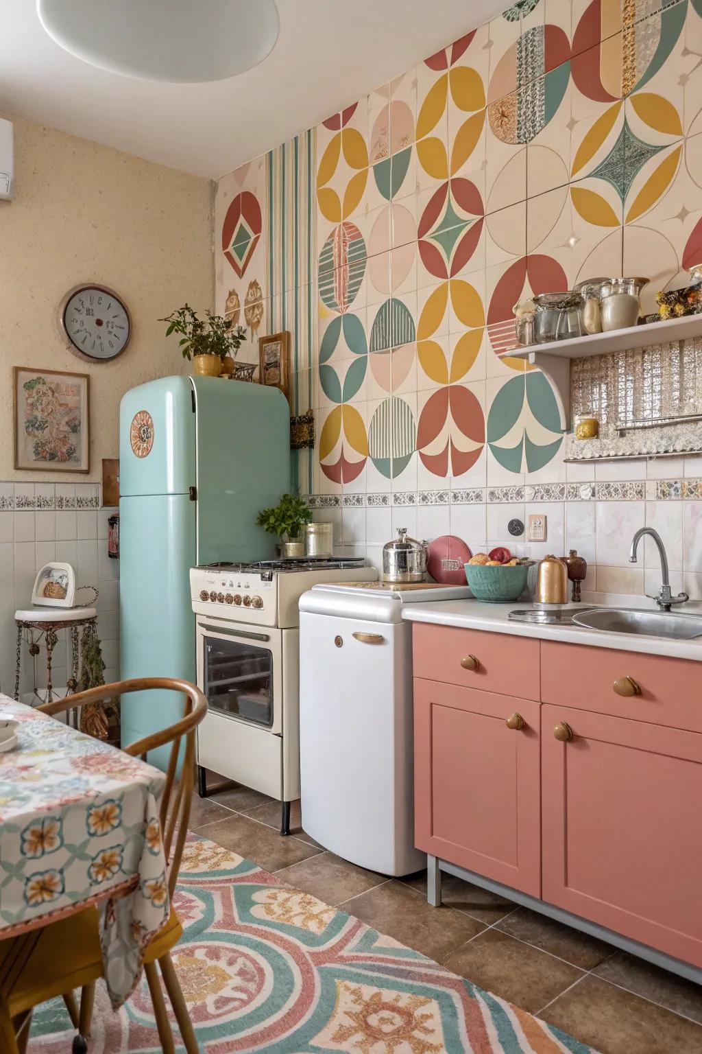 Retro patterns infuse this culinary area with wistful allure.