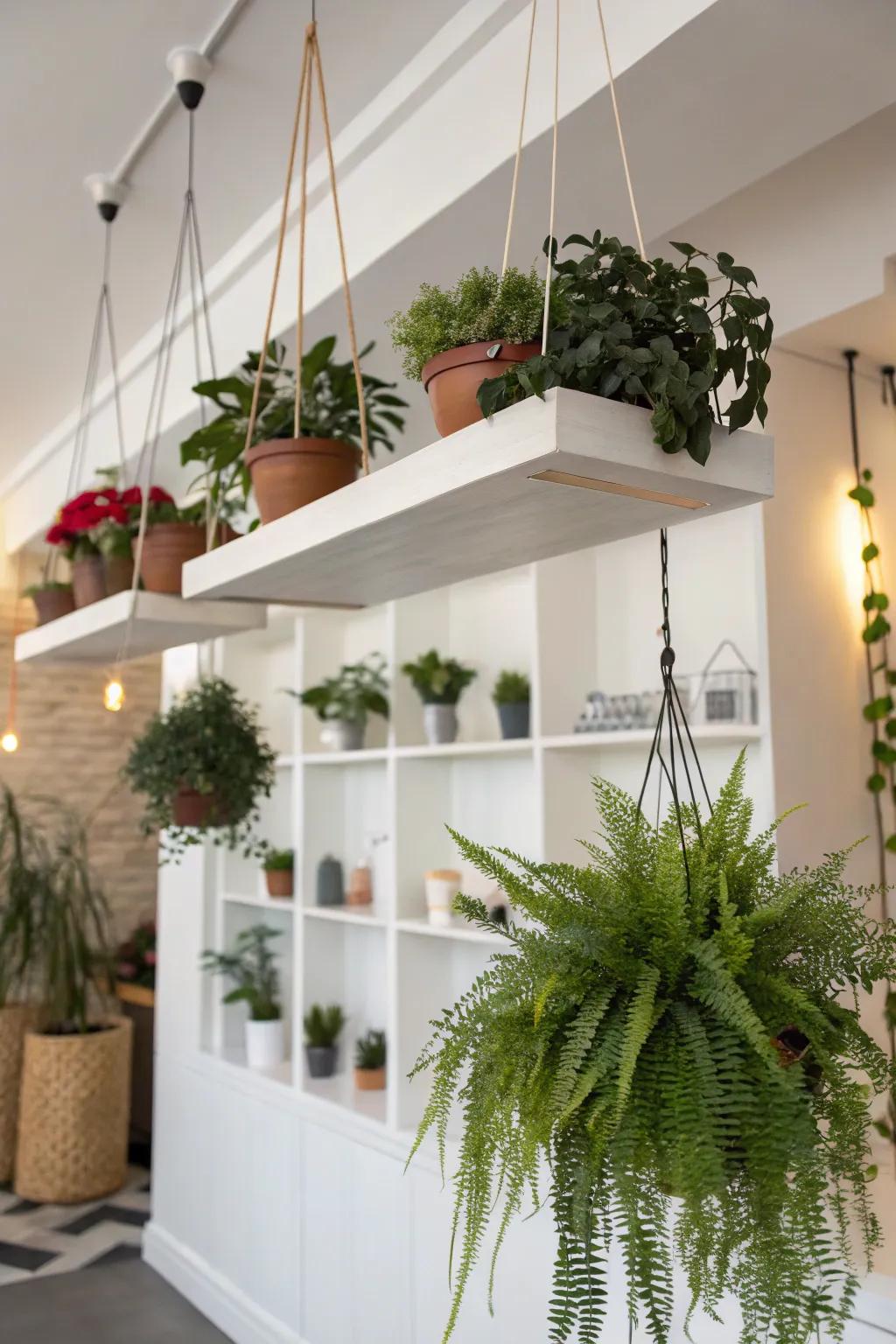 Showcase your assortment with aerial greenery ledges.