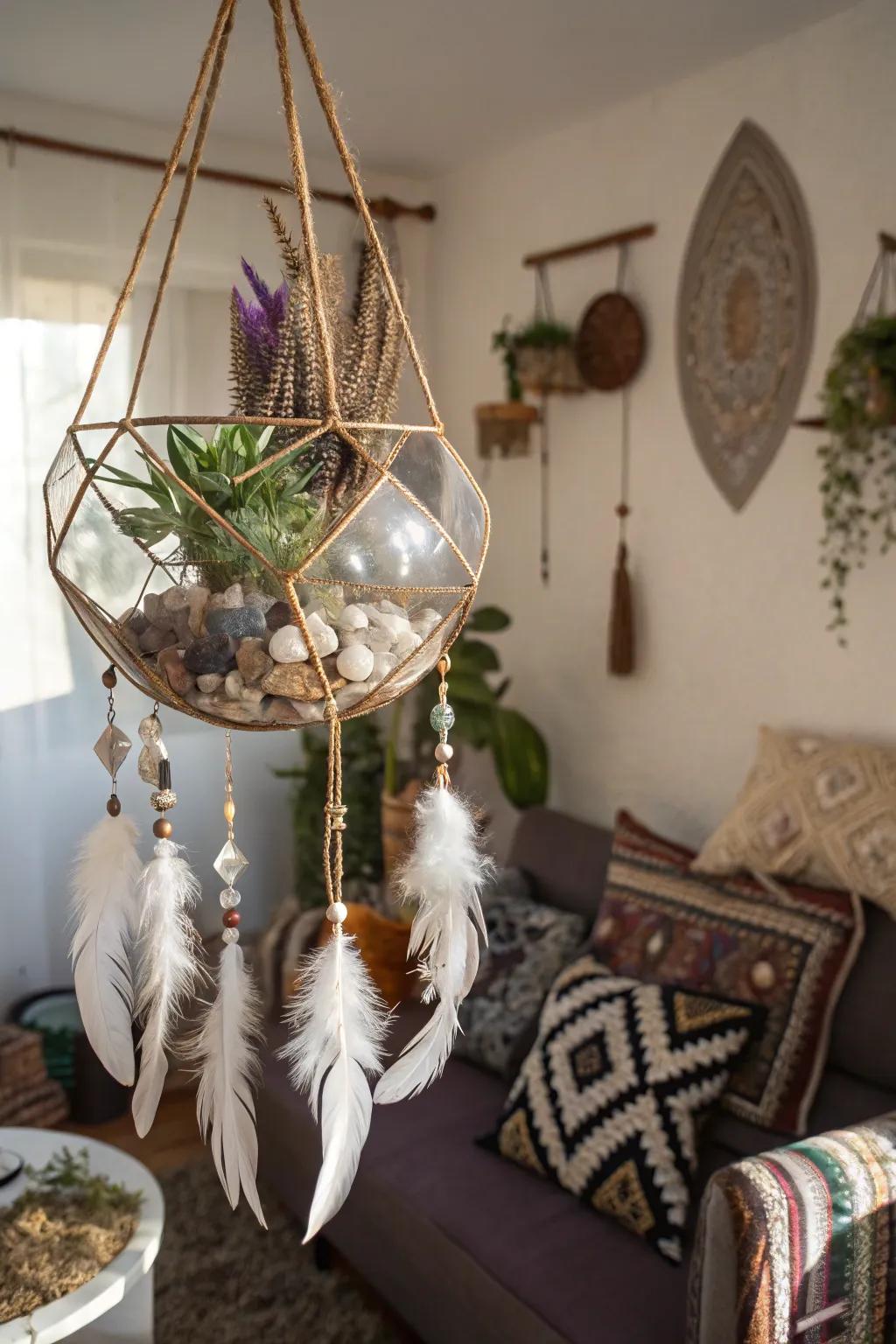 A bohemian garden using feathers and crystals for a distinctive touch.