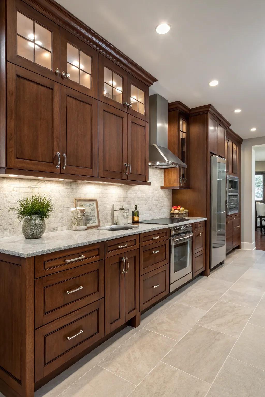 Pewter hardware introduces delicate elegance to cherry wood cabinets.